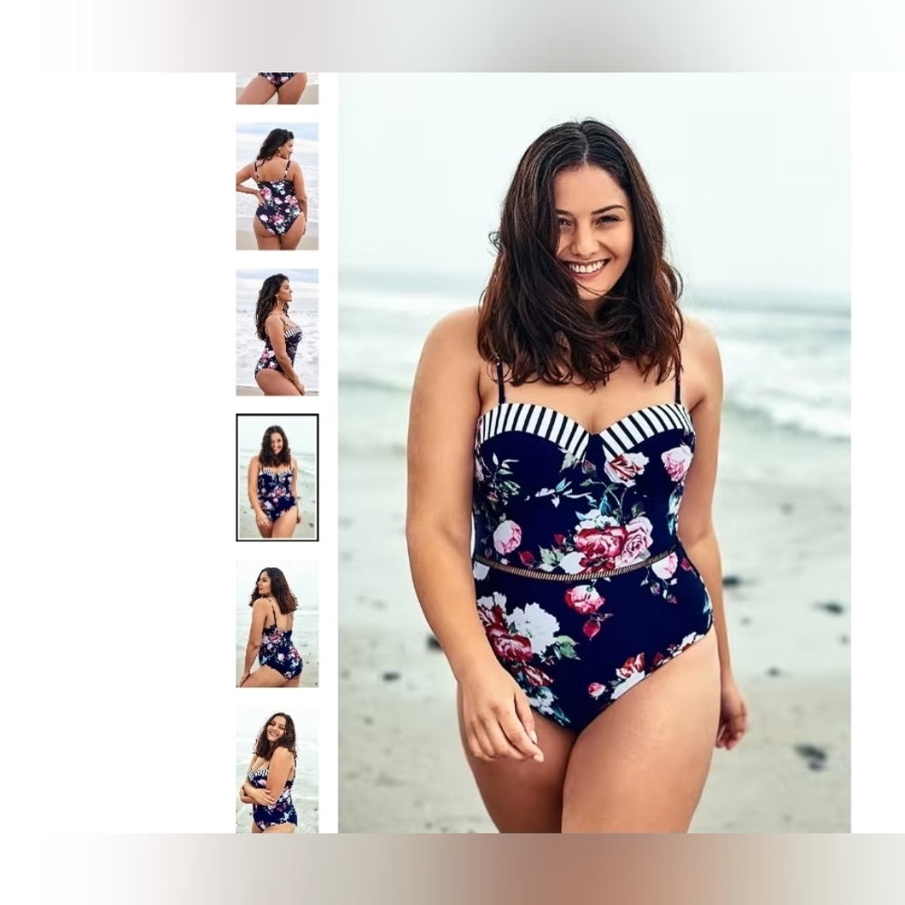 2X Plus Size Vivid Floral Striped Swimsuit Blue Pink Red White Feminine Nautical